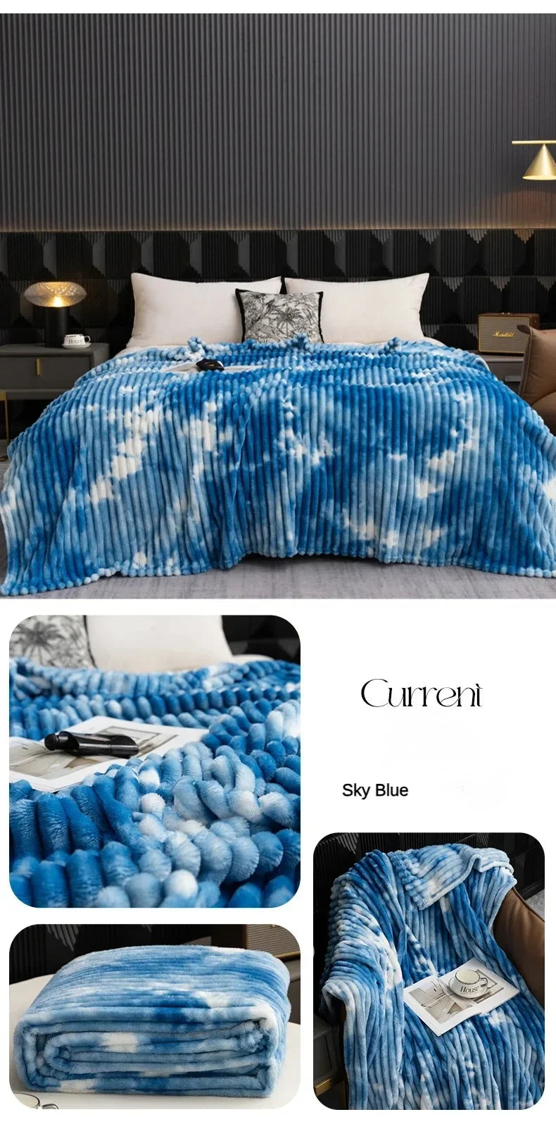 A blue and white tie-dye flannel fleece throw blanket draped over a bed.