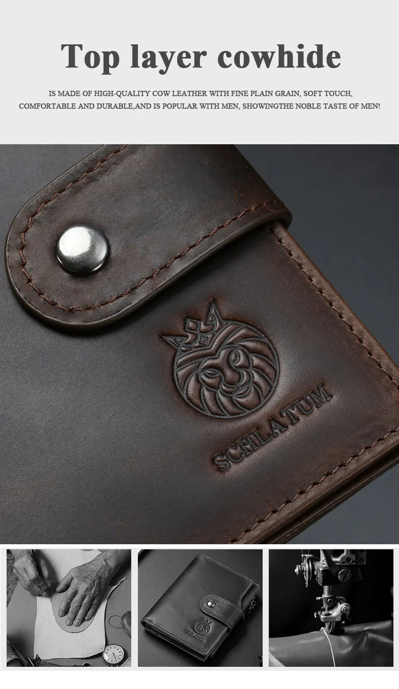 A dark brown leather wallet featuring an embossed lion head design and stitching.