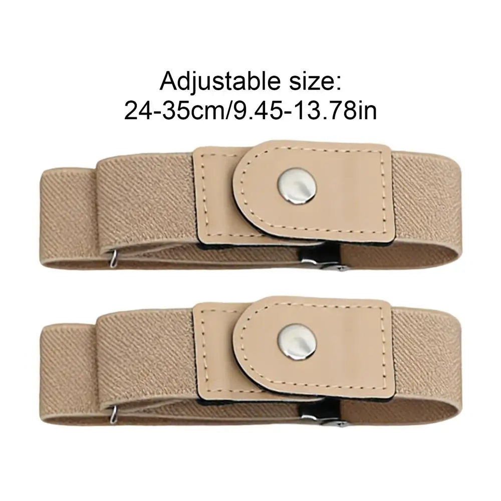 Two beige elastic belts are shown, demonstrating an adjustable size range of 24-35cm (9.45-13.78in).