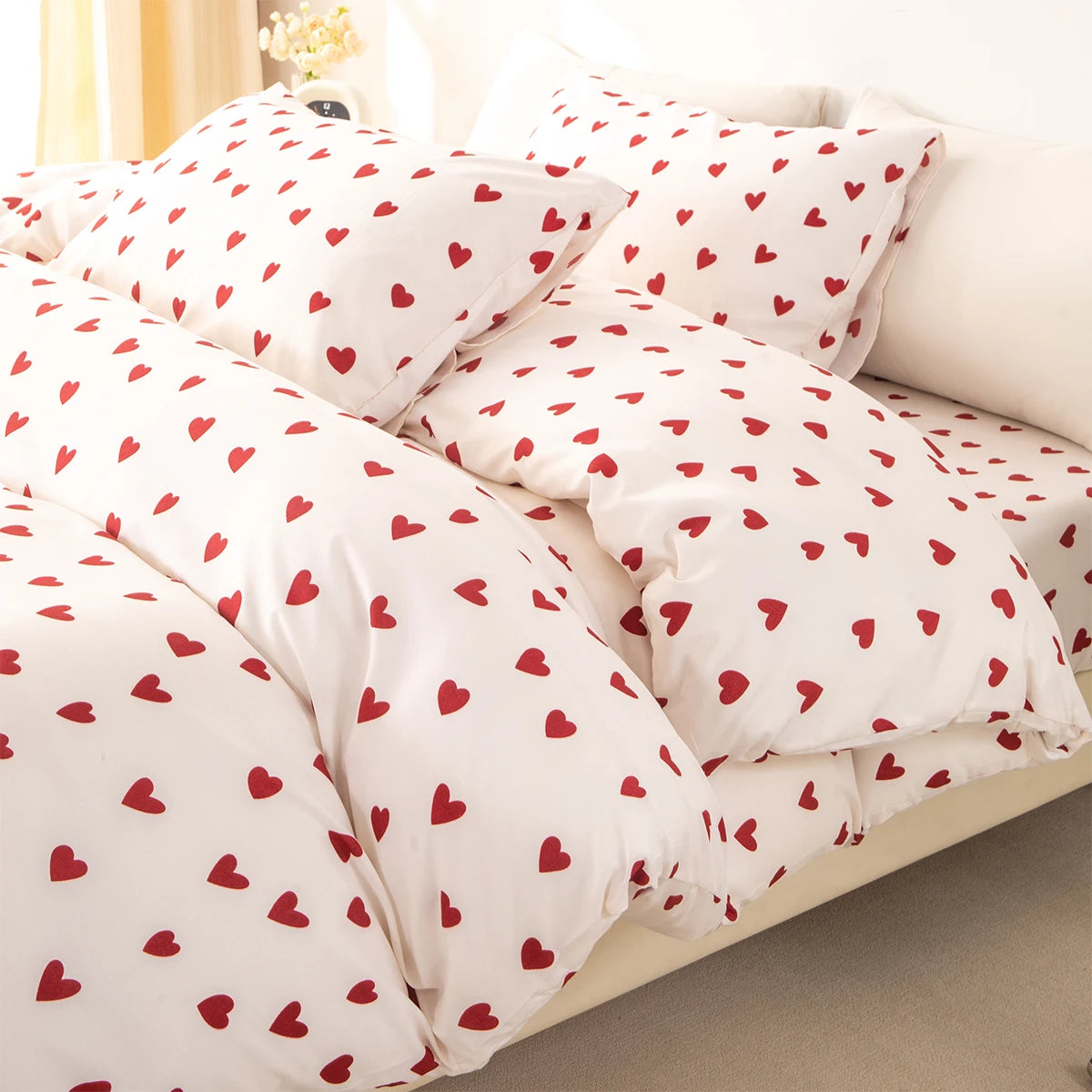 Red Heart Print Duvet Cover Set with Pillowcases