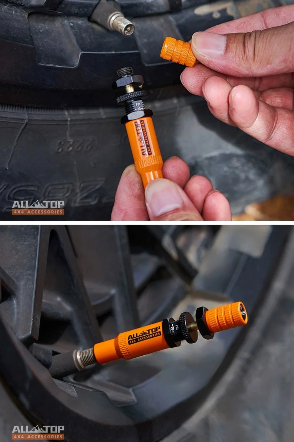 An orange and black auto-stop tire deflator kit is shown being held by a hand, with the product visible against a tire.