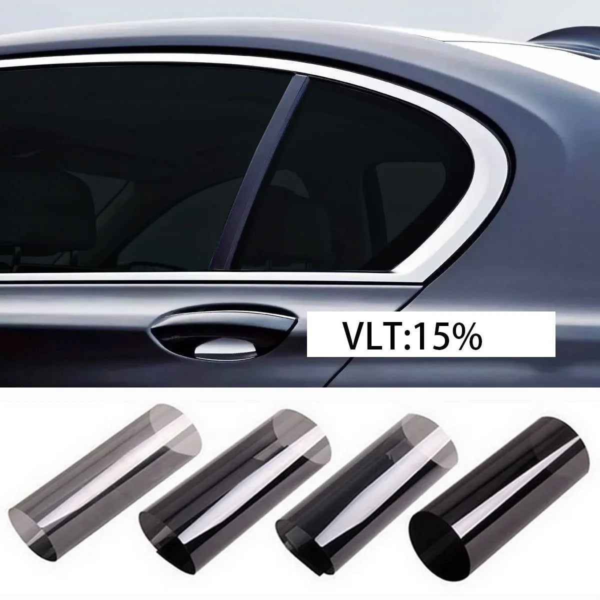 Rolls of clear window tint film for automotive use with a percentage discount label