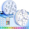A submersible LED pool light with a remote control and multiple color options is shown next to its packaging.