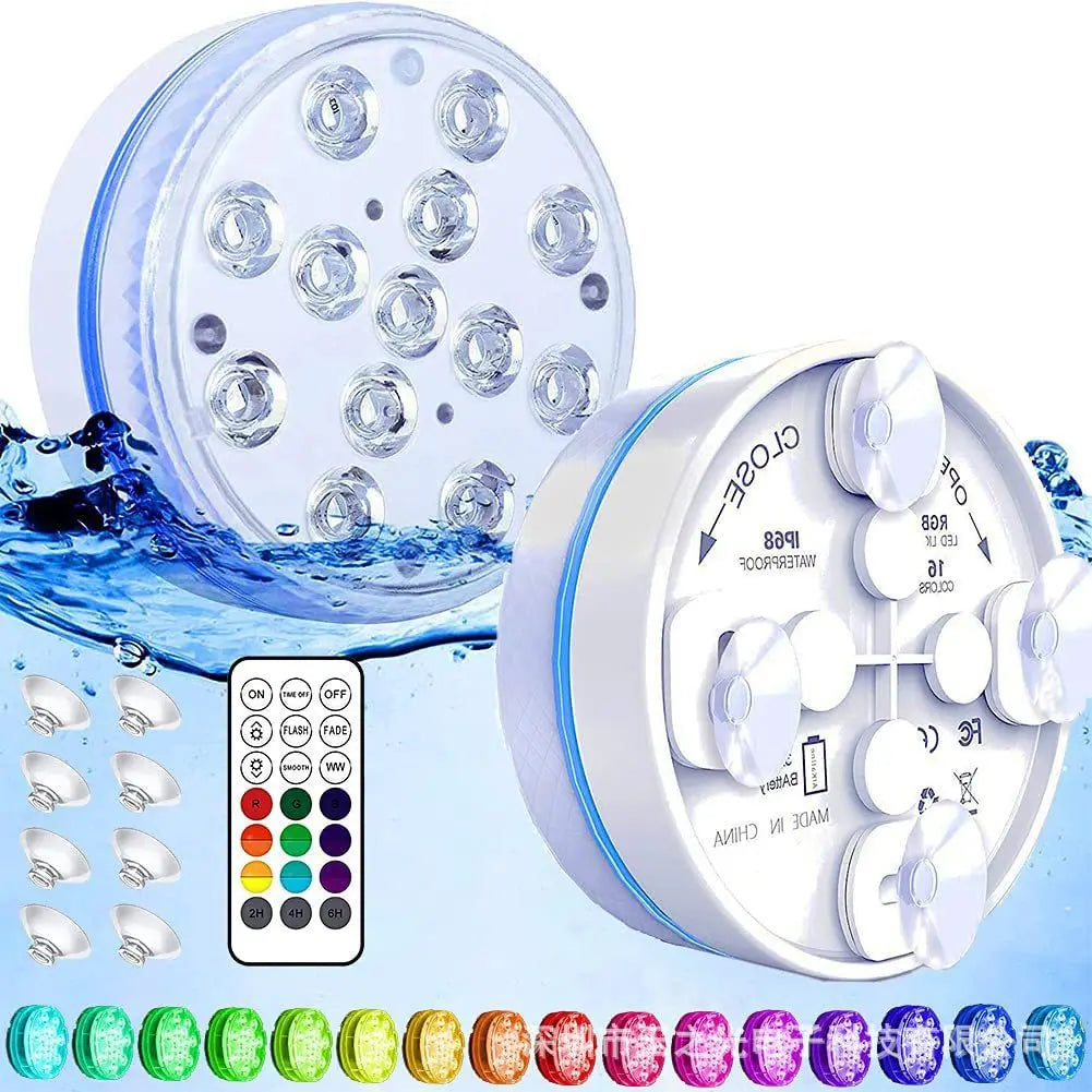 A submersible LED pool light with a remote control and multiple color options is shown next to its packaging.