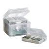Clear photo storage boxes with lids and stacks of 4x6 pictures inside