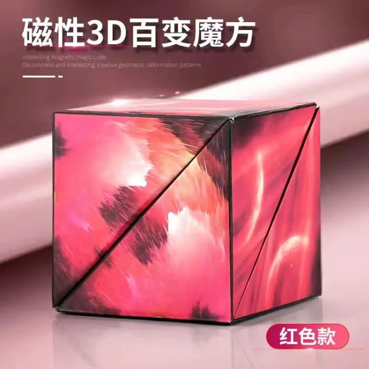 A pink magnetic geometry cube puzzle showing colorful geometric patterns.
