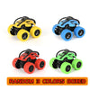 A set of four off-road stunt cars in yellow, blue, red, and green colors displayed against a white background.