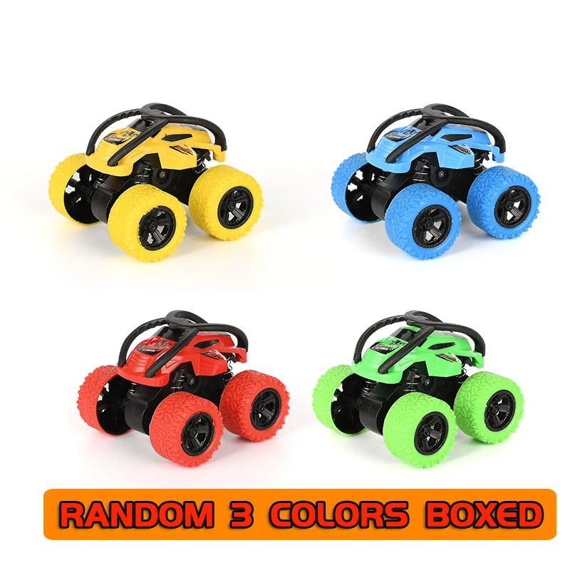 A set of four off-road stunt cars in yellow, blue, red, and green colors displayed against a white background.