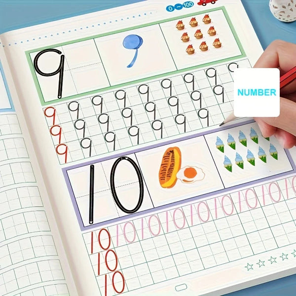 Página de un cuaderno de trazos de números para preescolar, mostrando los números 9 y 10 con líneas para trazar.