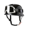 Black lightweight half helmet with integrated silver goggles for motorcycle and scooter riders