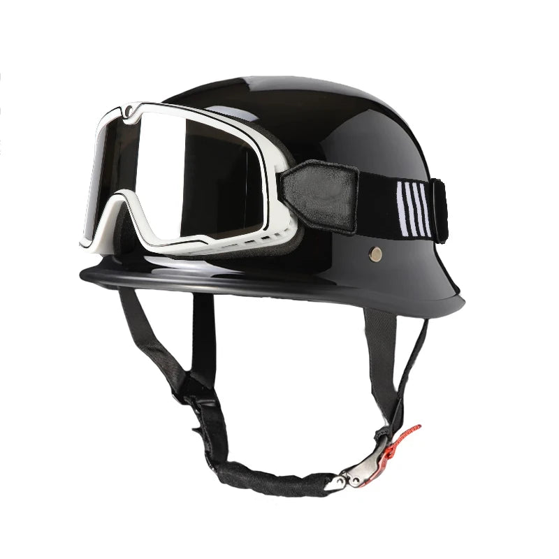 Black lightweight half helmet with integrated silver goggles for motorcycle and scooter riders