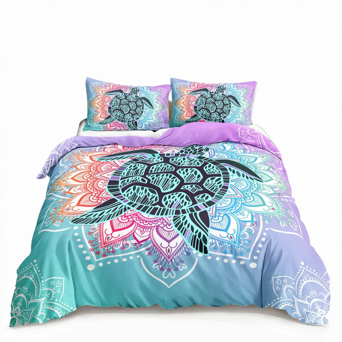 A set of sea turtle patterned duvet covers and pillows in teal, purple, and pink tones.