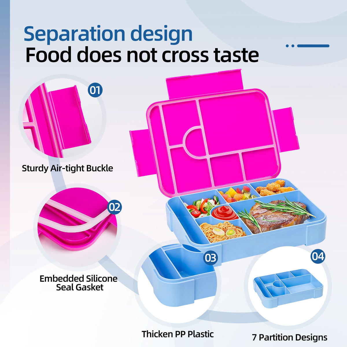 Pink portable kids lunch box with seven divided compartments made of thickened PP plastic