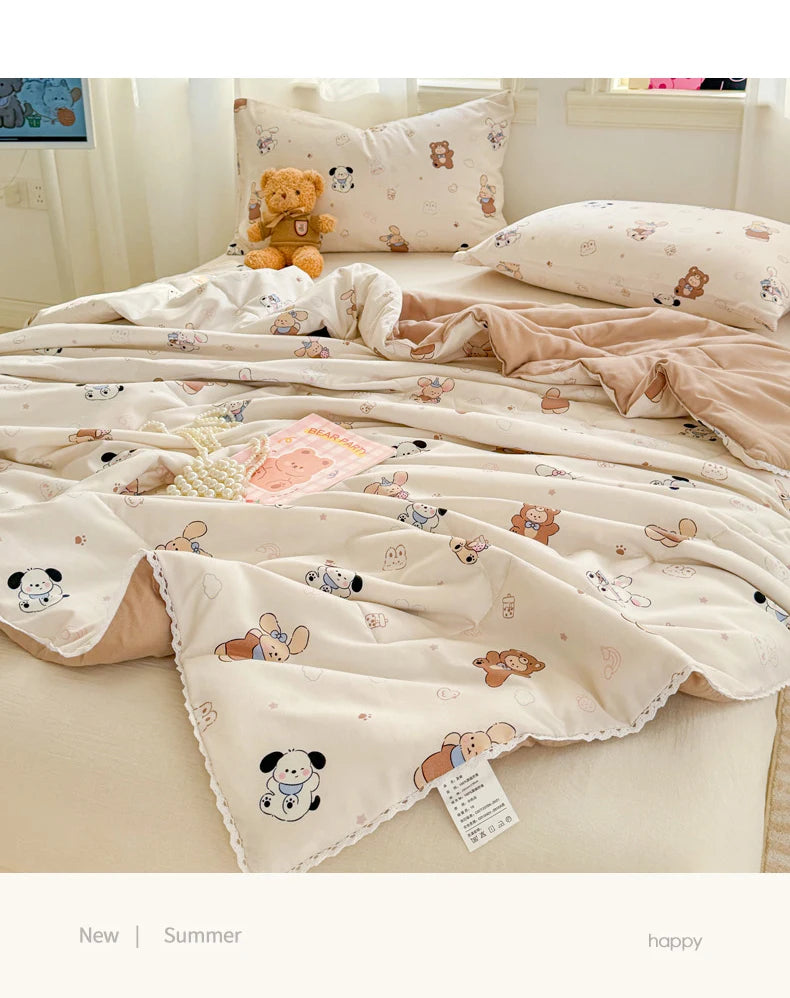 A beige lace-trimmed breathable summer duvet with a light floral pattern is displayed on a bed.