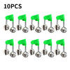 Ten pieces of fishing rod bite alarm bells with green clip-on indicators and metal balls.