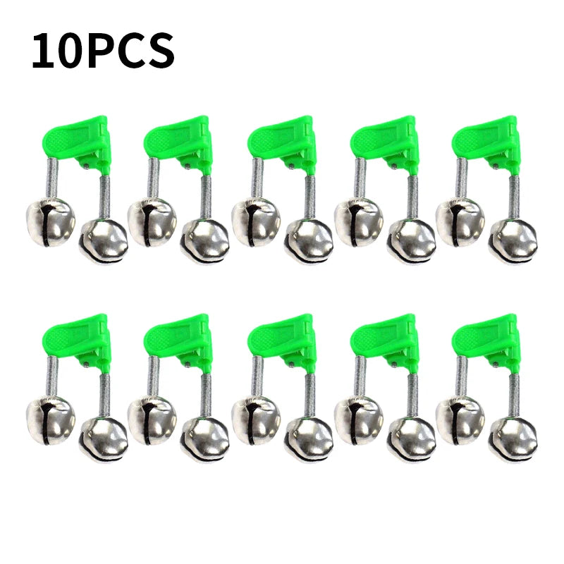 Ten pieces of fishing rod bite alarm bells with green clip-on indicators and metal balls.