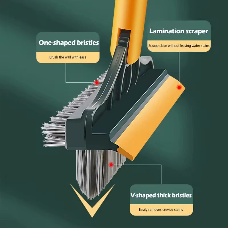 A close-up of a yellow and black rotating floor scrub brush with bristles, showing its features for brushing walls and removi