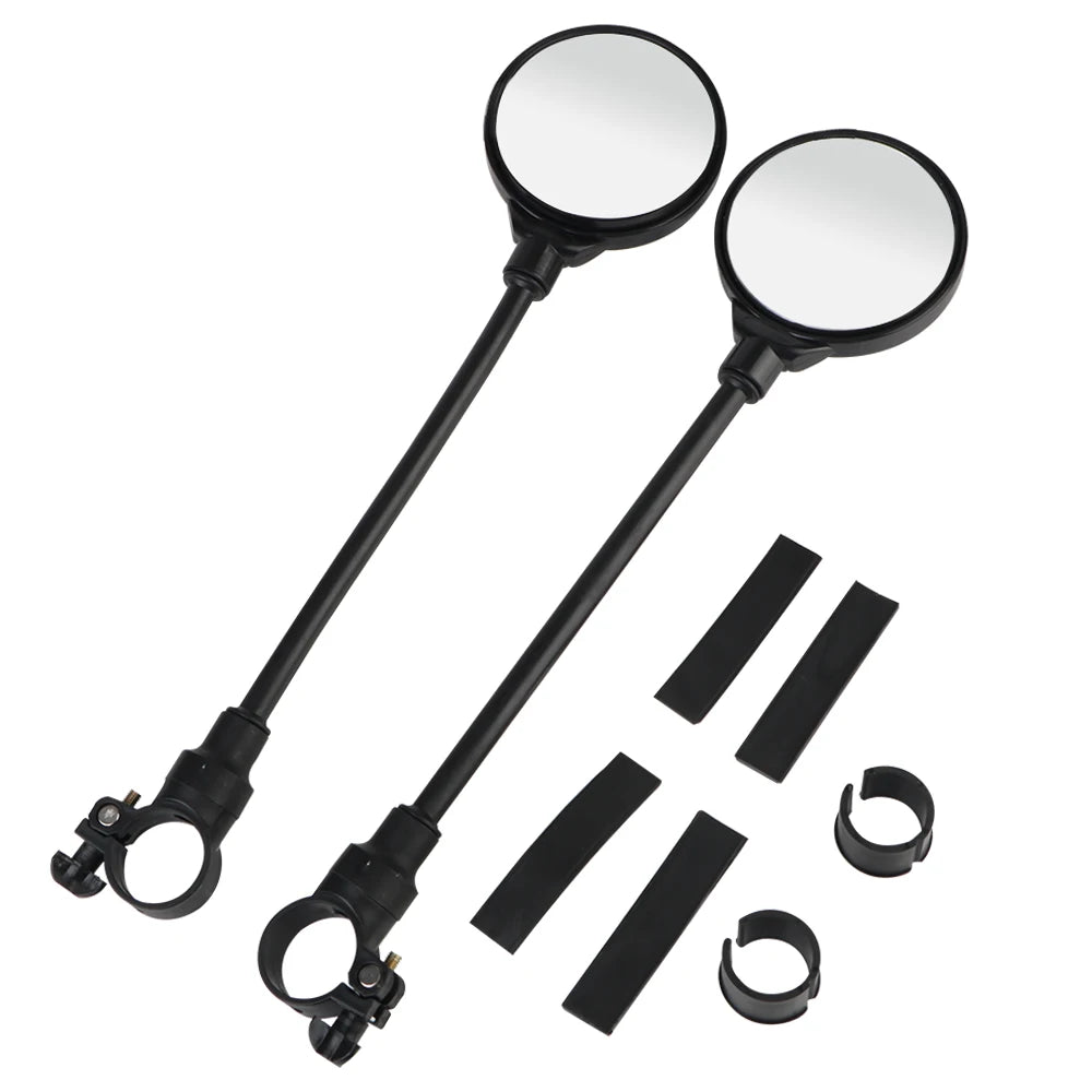 A set of universal adjustable motorcycle rearview mirrors with black mounting hardware.