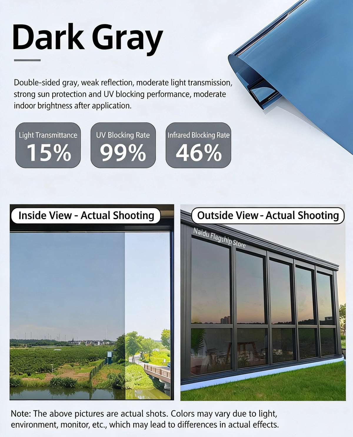 Dark Gray one-way mirror window film showing light transmittance and blocking rates, with inside and outside views.