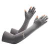 Gray ice silk UV protection arm sleeves worn on an arm.
