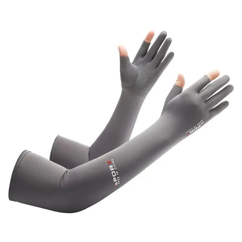 Gray ice silk UV protection arm sleeves worn on an arm.