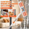 An orange and white double-sided window cleaning tool with an extension handle is shown cleaning a window.