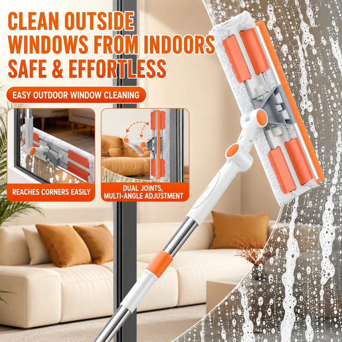 An orange and white double-sided window cleaning tool with an extension handle is shown cleaning a window.