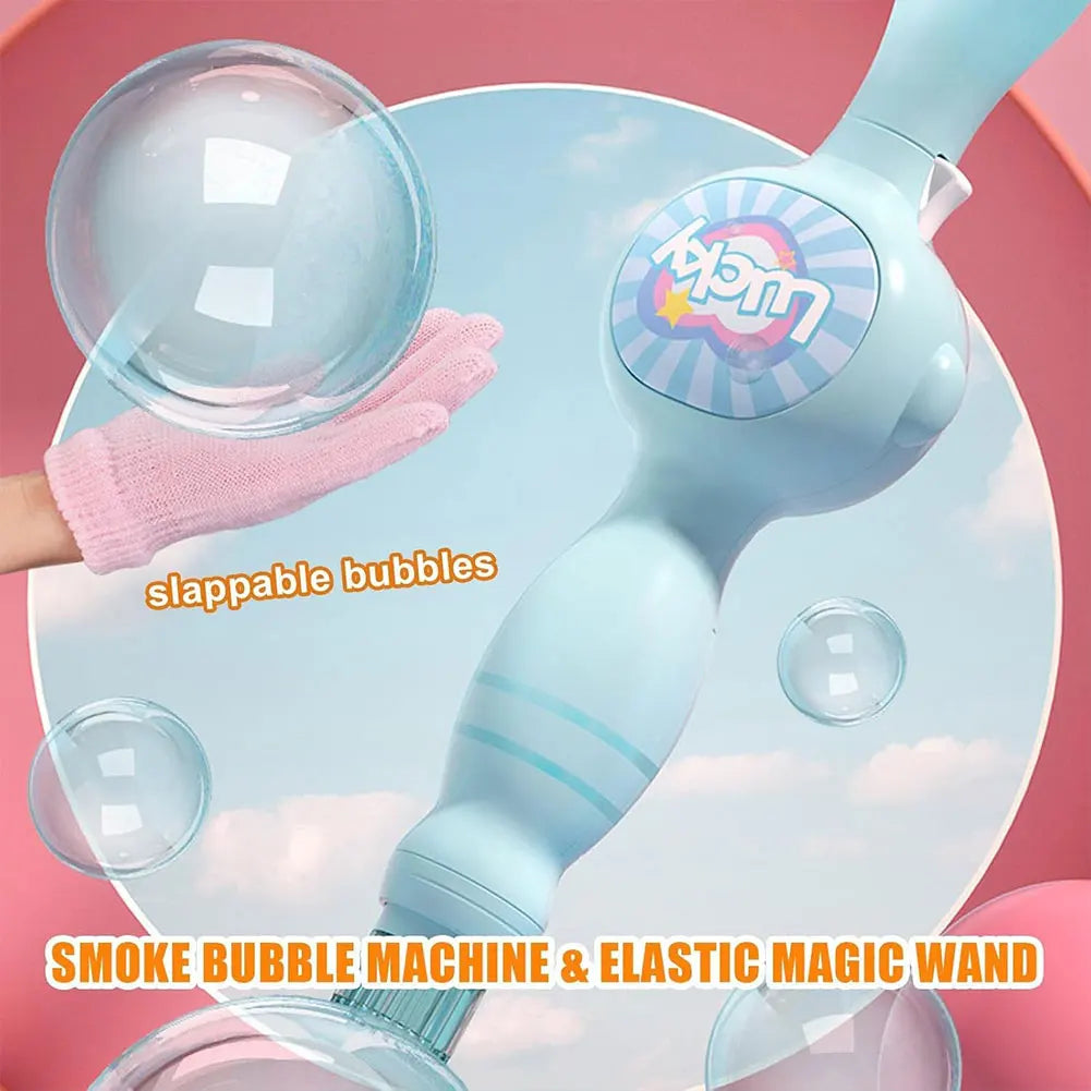A light blue smoke bubble machine and elastic magic wand with a clear bubble being blown.