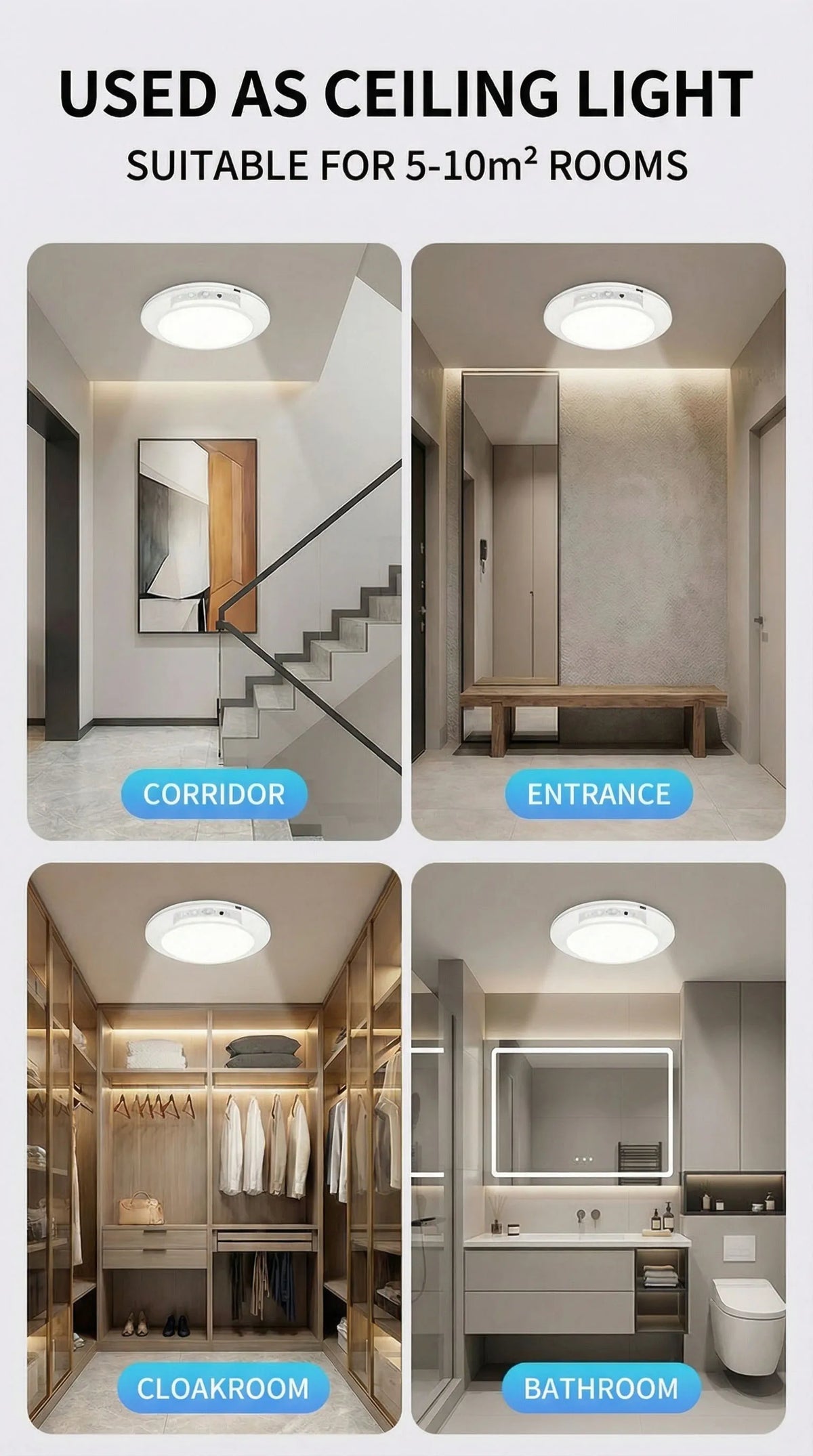 A set of modern ceiling lights used as lighting in various rooms including a corridor, entrance, cloakroom, and bathroom.
