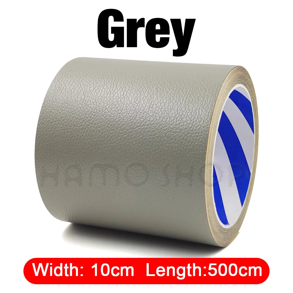 A roll of grey self-adhesive PU leather repair patch with blue stripes, measuring 10cm wide by 500cm long.