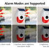 Three alarm modes of a solar motion sensor device are shown, illustrating 24-hour, daytime, and nighttime operation.