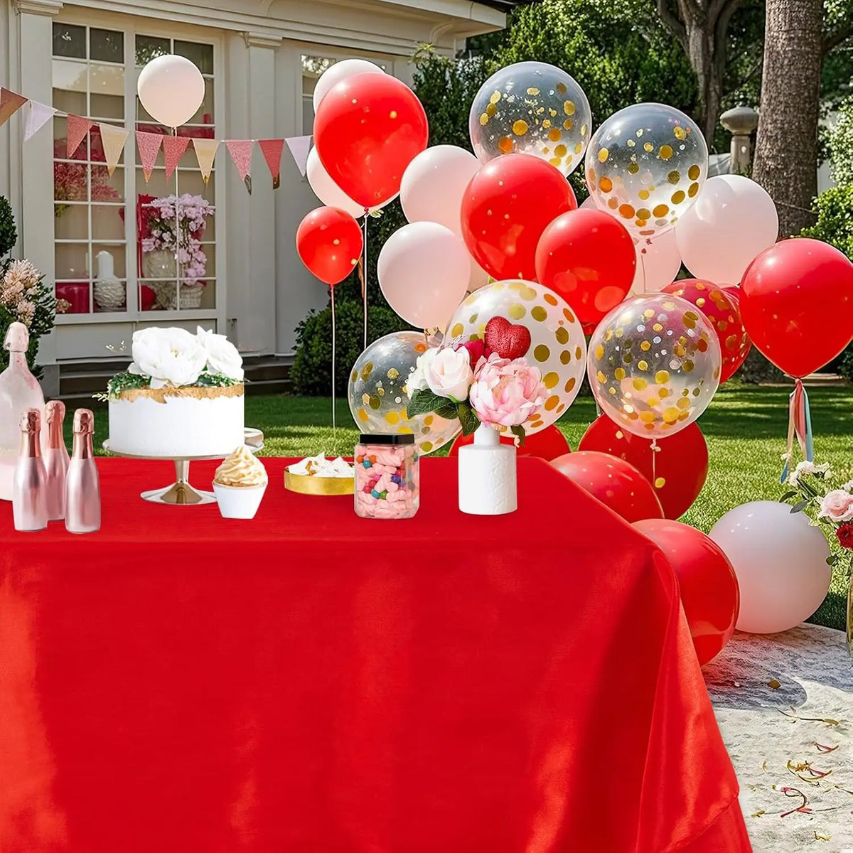 A red satin tablecloth is set for an event with pink and gold balloons, flowers, and desserts outdoors.