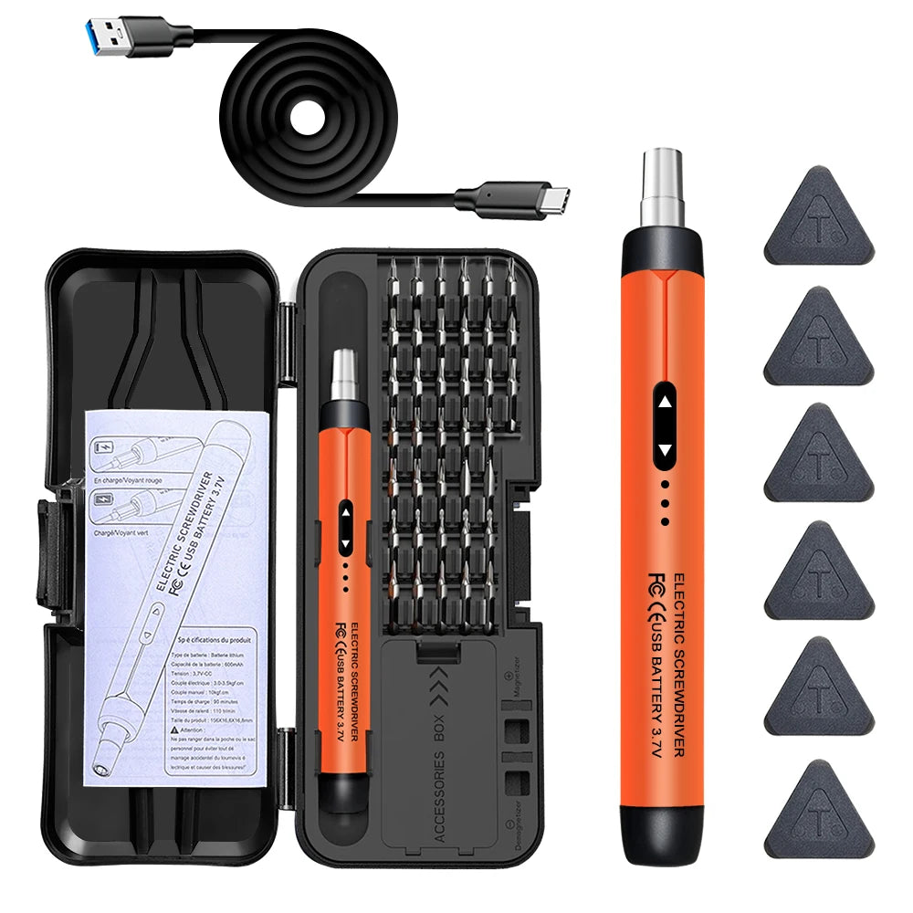 A set of precision rechargeable electric screwdrivers and accessories for electronics repair