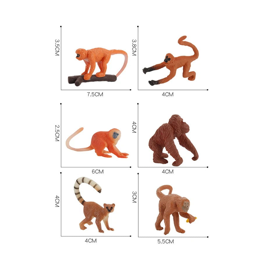 A collection of realistic animal figurines including an orange fox, a brown bear, and a tan deer.