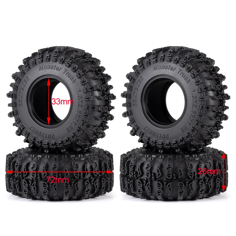 A set of black monster truck mud terrain wheels and tires for RC crawlers, showing both the tire and wheel assembly.