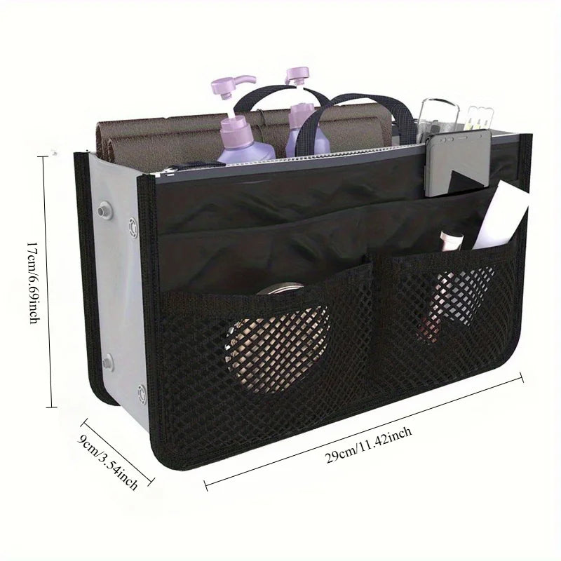 A black foldable oxford cloth makeup organizer bag with multiple compartments for cosmetics and accessories.