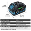 A black and blue rechargeable 598V Lithium-Ion battery pack for Makita tools, showing its dimensions.