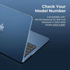 A close-up view of a blue MacBook Air with a protective case, showing the model number information.