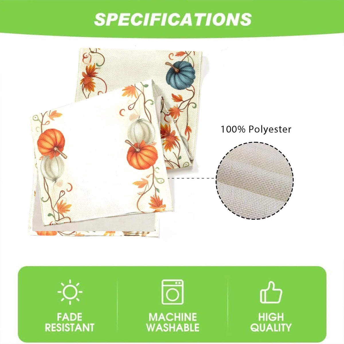 A beige table runner featuring an autumn harvest design with pumpkins and orange leaves.