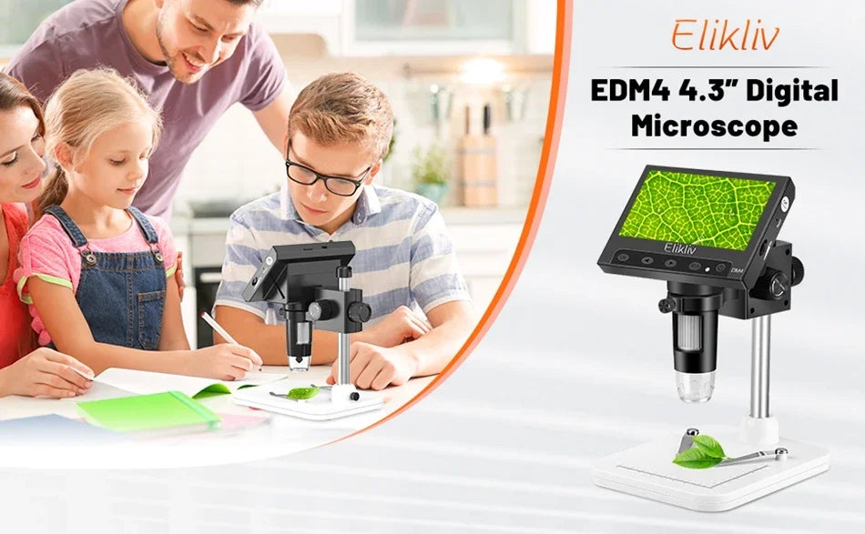 A family is using an Elikliv EDM4 4.3" Digital Microscope for detailed inspection and learning.