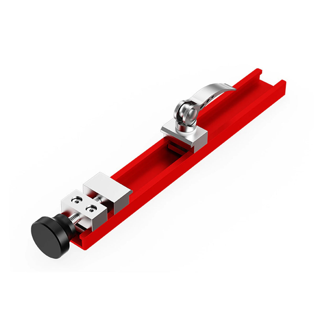 A red adjustable aluminum circular saw guide rail with a silver handle and mounting bracket.
