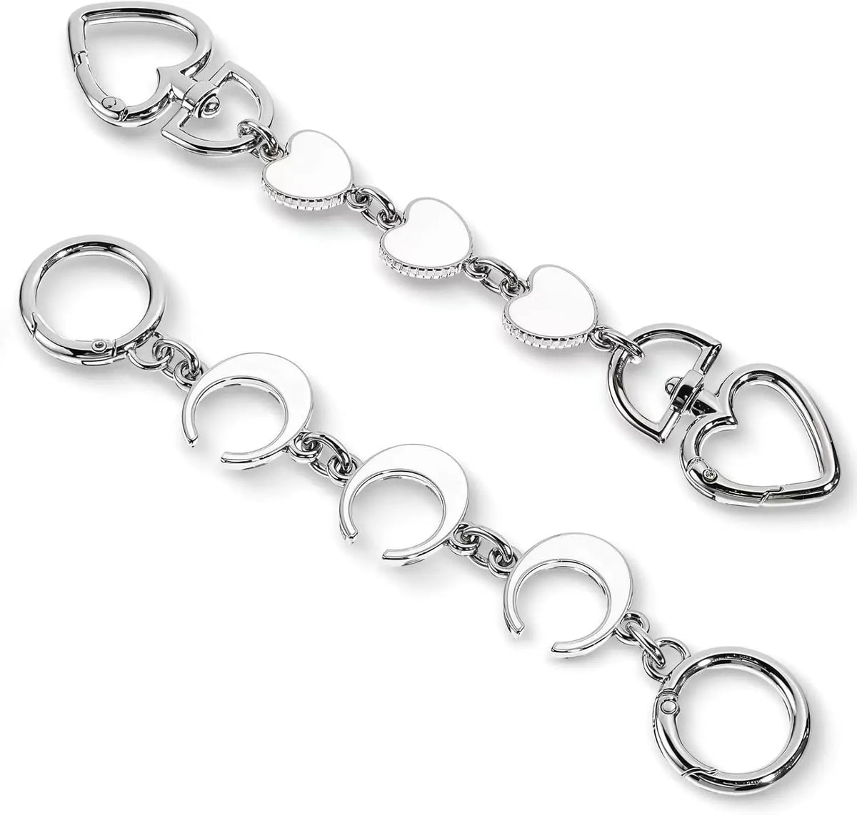 Silberige Handtaschenkette mit Herz- und Halbmond-Anhänger