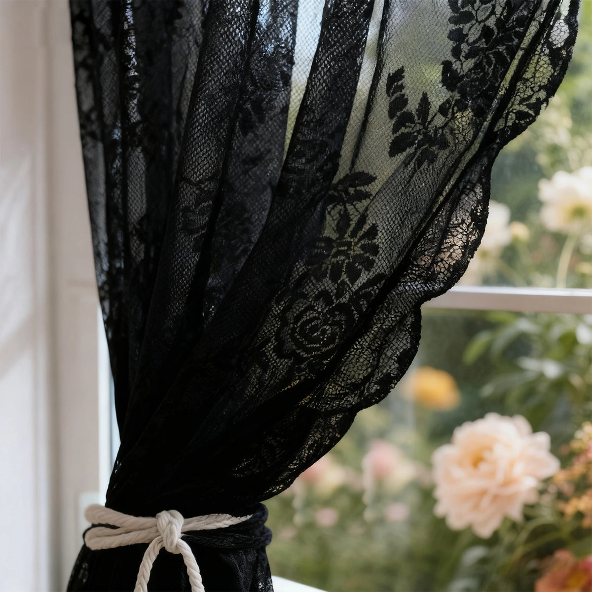 Black vintage floral lace sheer curtains tied with twine hanging in a window