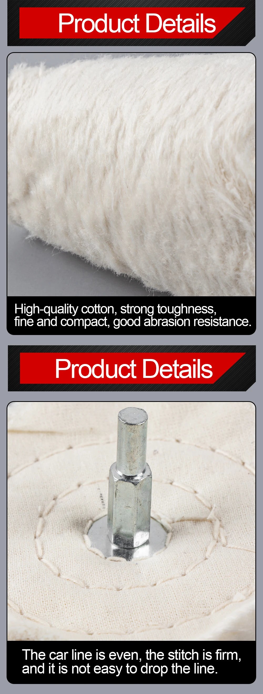 A close-up of a white, fluffy cotton polishing buffing wheel with a fibrous texture.