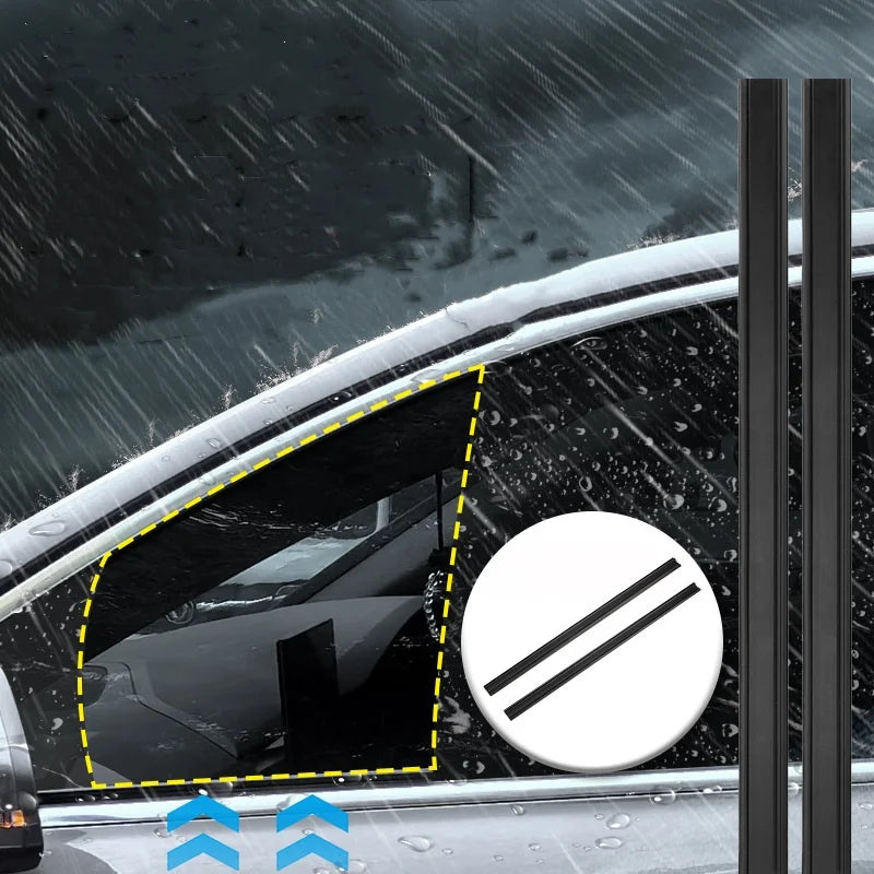 Close-up of car side window wiper strips with a circular indicator showing clear vision in the rain.
