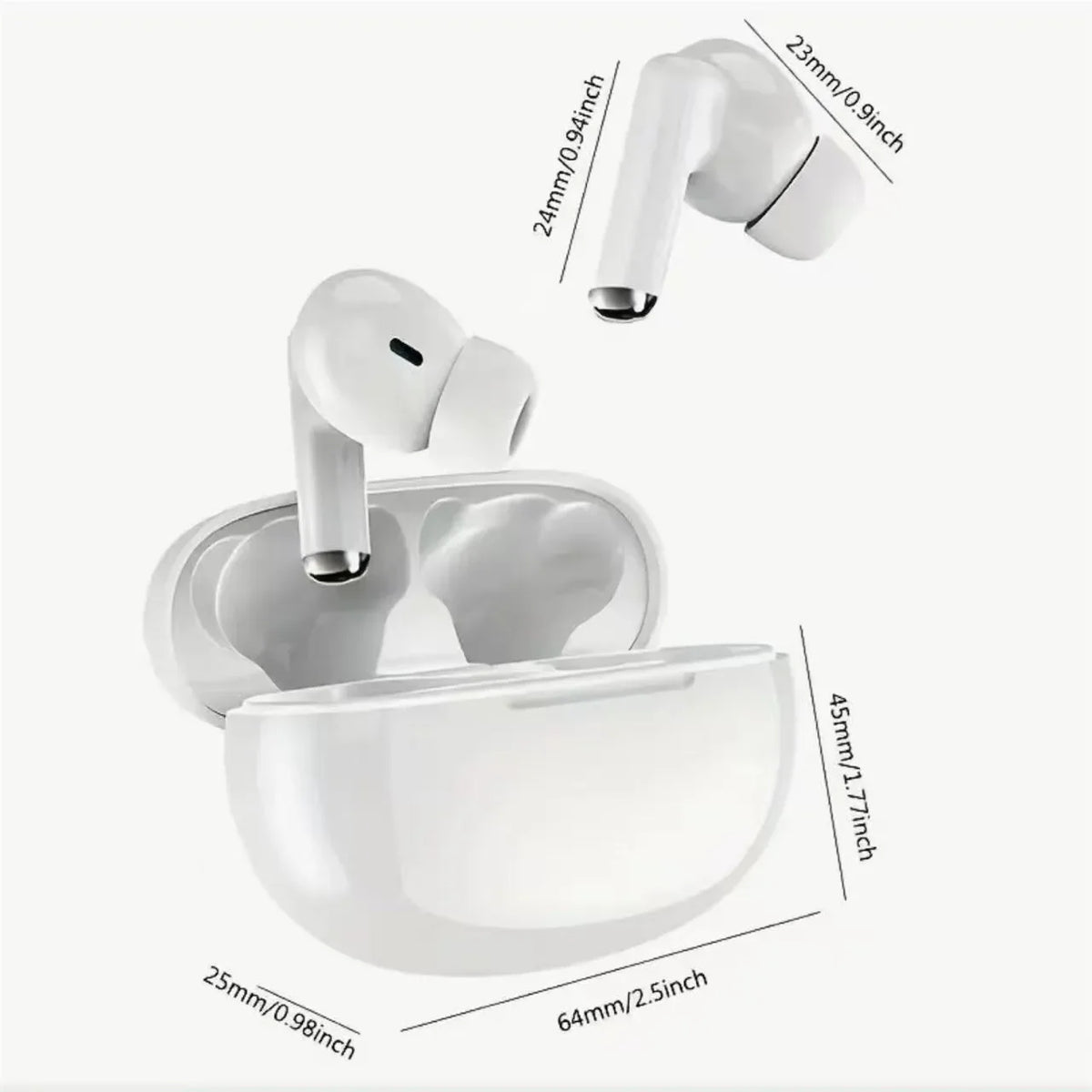 A white True Wireless Earbuds with Active Noise Cancellation shown in various angles and dimensions.