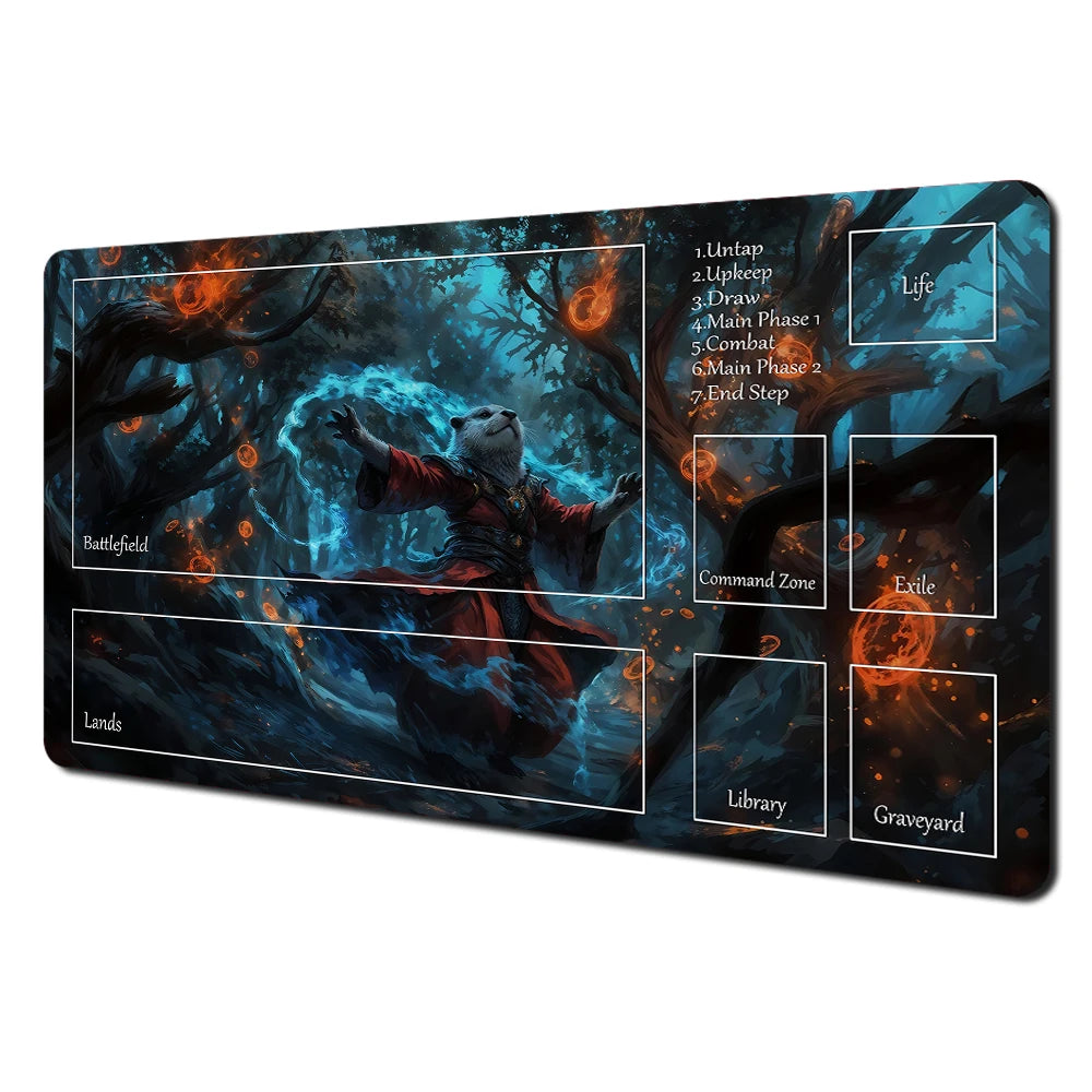 Fantasy card playmat featuring a dark, mystical scene with various game zones and card names.