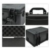 A portable hard shell toolbox in black showing various angles and components.