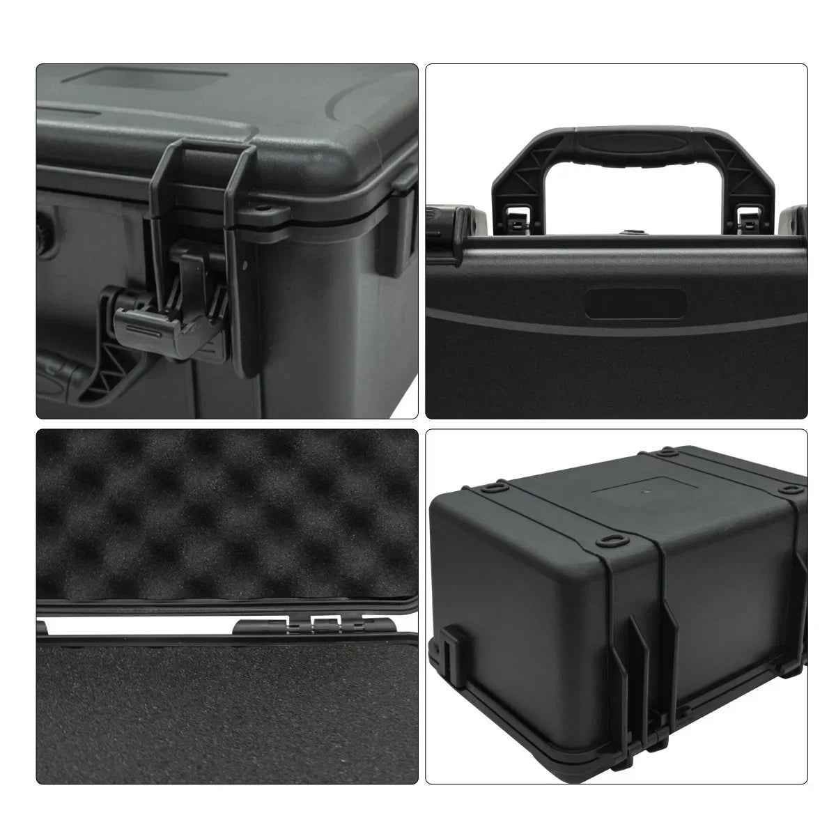 A portable hard shell toolbox in black showing various angles and components.