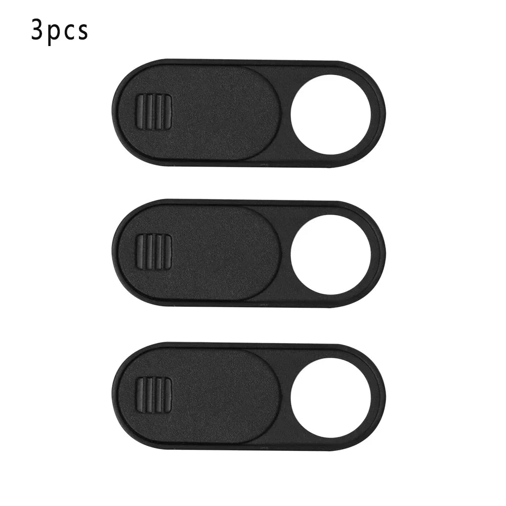Three black ultra-slim magnetic webcam covers for laptops, tablets, and phones